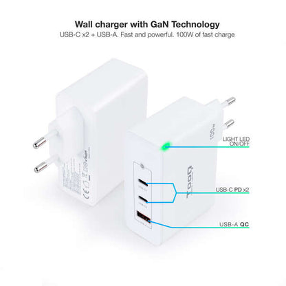 TooQ - Cargador de Pared GaN 2xUSB-C/PD + USB-A/QC 100W  Blanco