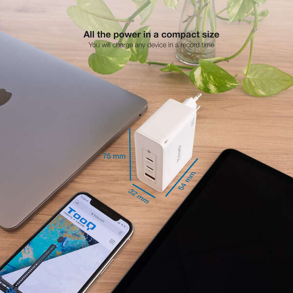 TooQ - Cargador de Pared GaN 2xUSB-C/PD + USB-A/QC 100W  Blanco