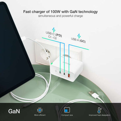 TooQ - Cargador de Pared GaN 2xUSB-C/PD + USB-A/QC 100W  Blanco