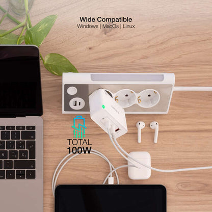 TooQ - Cargador de Pared GaN 2xUSB-C/PD + USB-A/QC 100W  Blanco