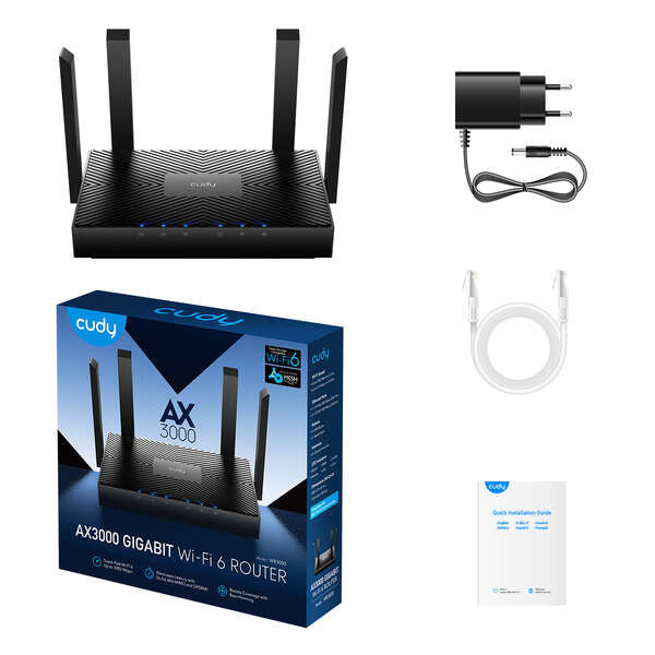 Cudy WR3000 Smart Router WiFi 6 AX3000 Doble Banda - 1x Puerto Wan 1000/100/10 Mbps y 3x Puertos Lan 1000/100/10 Mbps - 4 Antenas Externas 1 pieza(s)