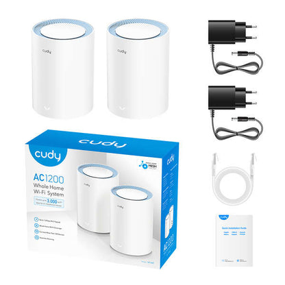 Cudy M1200 Pack de 2 Sistemas WiFi Mesh AC1200 Dual Band - 867Mbps en 5GHz, 300Mbps en 2,4GHz - 1x Puerto LAN 10/100Mbps, 1x Puerto WAN 10/100Mbps - 2 Antenas Internas 1 pieza(s)