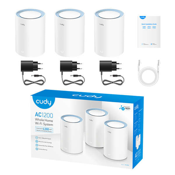 Cudy M1200 Pack de 3 Sistemas WiFi Mesh AC1200 Dual Band - 867Mbps en 5GHz, 300Mbps en 2,4GHz - 1x Puerto LAN 10/100Mbps, 1x Puerto WAN 10/100Mbps - 2 Antenas Internas 1 pieza(s)