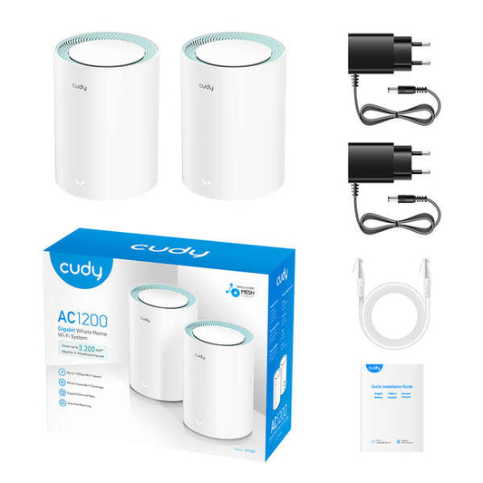 Cudy M1300 Pack de 2 Sistemas WiFi Mesh AC1200 Dual Band - 867Mbps en 5GHz, 300Mbps en 2,4GHz - 1x Puerto LAN 1000/100/10Mbps, 1x Puerto WAN 1000/100/10Mbps - 2 Antenas Internas 1 pieza(s)