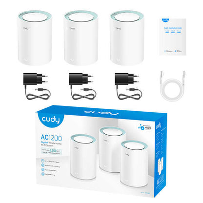 Cudy M1300 Pack de 3 Sistemas WiFi Mesh AC1200 Dual Band - 867Mbps en 5GHz, 300Mbps en 2,4GHz - 1x Puerto LAN 1000/100/10Mbps, 1x Puerto WAN 1000/100/10Mbps - 2 Antenas Internas 1 pieza(s)