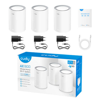 Cudy M1800 Pack de 3 Sistemas WiFi 6 Mesh AX1800 Dual Band - 1201Mbps en 5GHz, 574Mbps en 2,4GHz - 1x Puerto LAN 1000/100/10Mbps, 1x Puerto WAN 1000/100/10Mbps - 4 Antenas Internas 1 pieza(s)