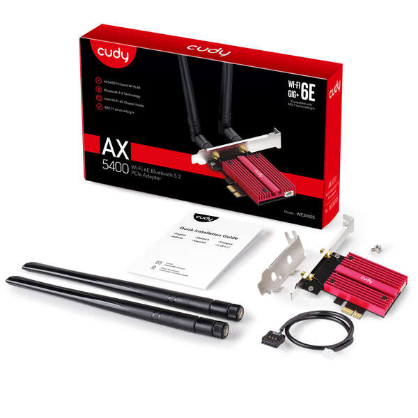 Cudy WE3000S Adaptador de Red PCI-e AX5400 WiFi 6E Tri-Banda - Bluetooth 5.2 - 2 Antenas Externas 1 pieza(s)