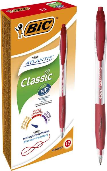 Bic Atlantis Classic Boligrafo Retractil - Punta de 1mm - Cuerpo Transparente con Grip - Color Rojo 12 pieza(s)