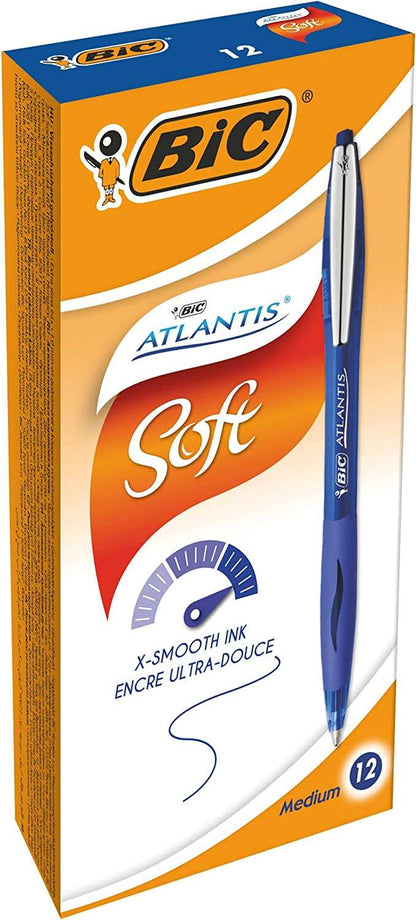 BIC - Atlantis Soft Azul Bolígrafo de punta retráctil con pulsador Medio 12 pieza(s)