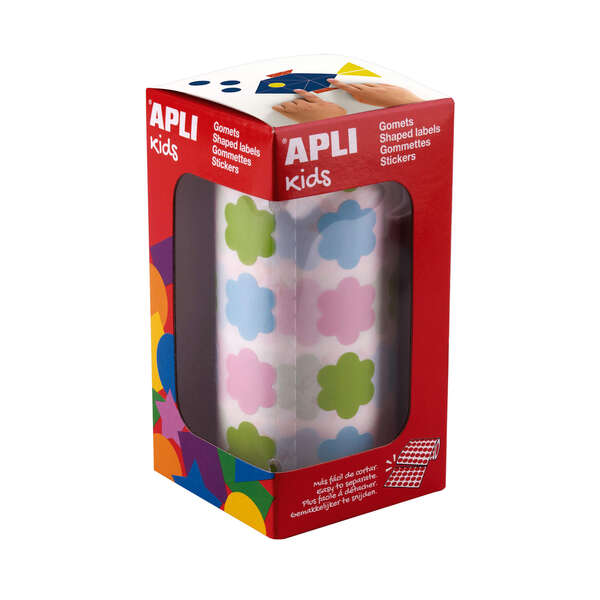 Apli Kids Rollo de 900 Gomets con Forma de Flor - Adhesivo Base Agua - Libre de Disolventes - Materiales 100% Reciclables - Colores Azul, Verde y Rosa Pastel 1 pieza(s)