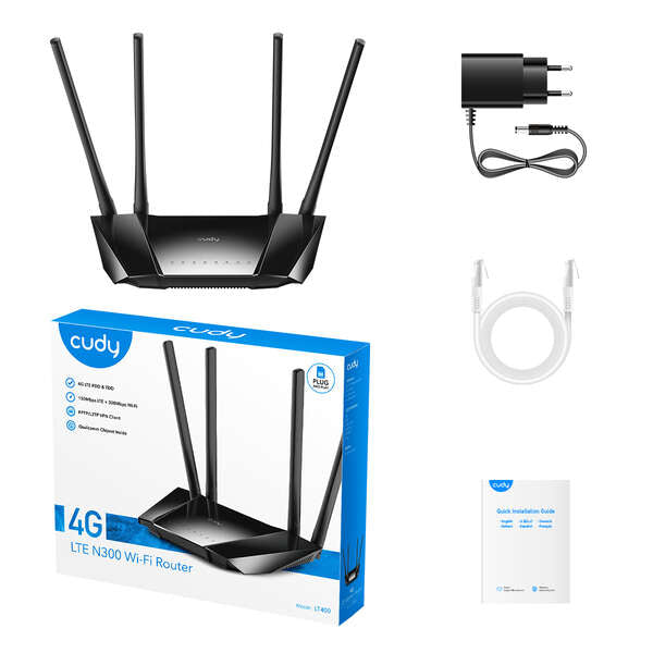 Cudy LT400 Router WiFi N 4G LTE de 300 Mbps - 1x Puerto Wan 10/100Mbps y 3x Puertos Lan 10/100Mbps - 4 Antenas Externas 1 pieza(s)