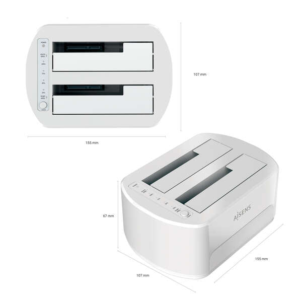 AISENS - Estacion de Docking de Doble Bahia ASDS-D02W SATA 2.5/3.5 a USB 3.0/3.1 Gen1  Clone  Blanca