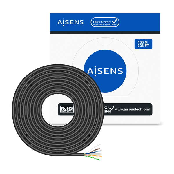 AISENS - Cable de Red Exterior Impermeable RJ45 Cat.6 UTP Rígido CCA AWG23  Negro  100M