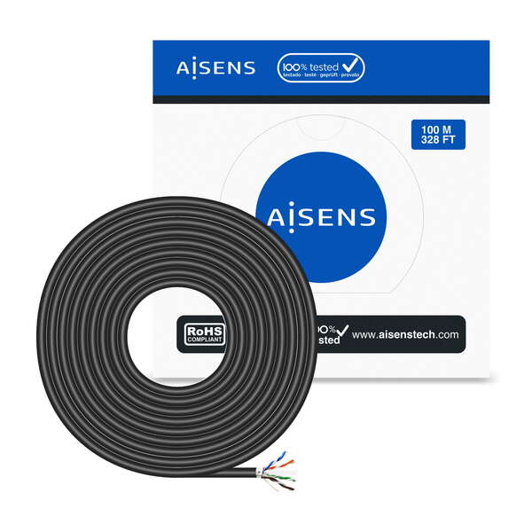 AISENS - Cable de Red Exterior Impermeable RJ45 Cat.6 FTP Rigido AWG24  Negro  100M