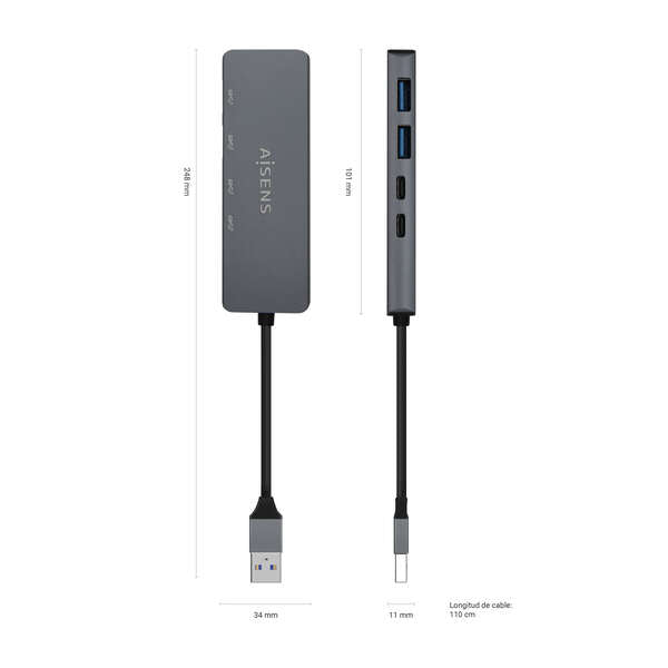 AISENS - Hub USB3.2 Gen1 5G USB-A  USB-A/M-2xUSB-C/H-2xUSB-A/H  Gris  15cm