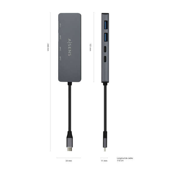 AISENS - Hub USB3.2 Gen1 5G USB-C  USB-C/M-2xUSB-C/H-2xUSB-A/H  Gris  15cm