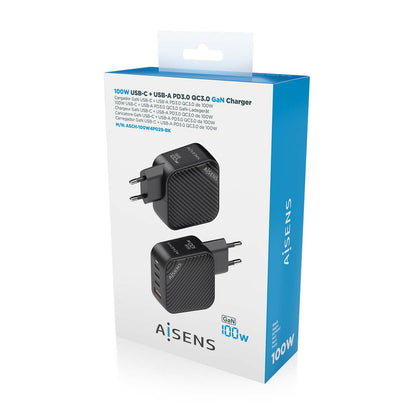 AISENS - Cargador GaN 100W  3xUSB-C PD3.0 QC4.0  1xUSB-A QC3.0  Negro