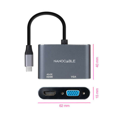 Nanocable - Conversor USB-C a HDMI/VGA 15 cm  Gris