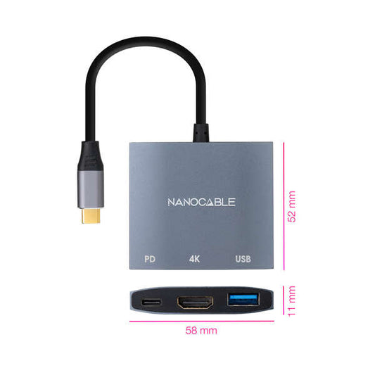 Nanocable - Conversor USB-C a HDMI/USB3.0/USB-C PD  15 cm  Gris