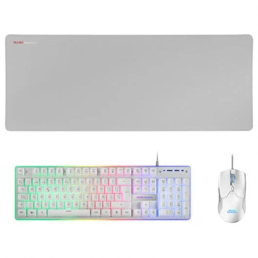 Mars Gaming - MCPXWES Combo Teclado H-Mech FRGB Ratón Ultraligero 10000DPI y Alfombrilla XXL Blanco Idioma Español