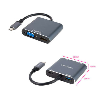 Nanocable - Conversor USB-C a HDMI/VGA/USB3.0/PD 15 cm  Gris