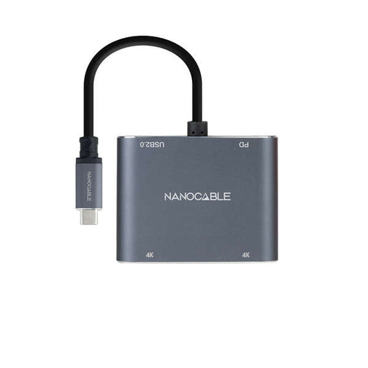 Nanocable - Conversor USB-C a 2xHDMI/USB2.0/PD  15 cm  Gris