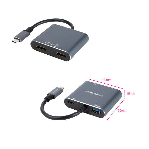 Nanocable - Conversor USB-C a 2xHDMI/USB2.0/PD  15 cm  Gris