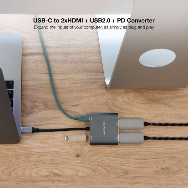 Nanocable - Conversor USB-C a 2xHDMI/USB2.0/PD  15 cm  Gris