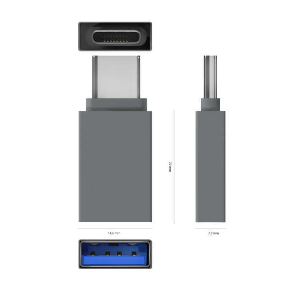 AISENS - Mini Adaptador Aluminio USB 3.2 Gen1 3A  Tipo USB-C/M-A/H  Gris