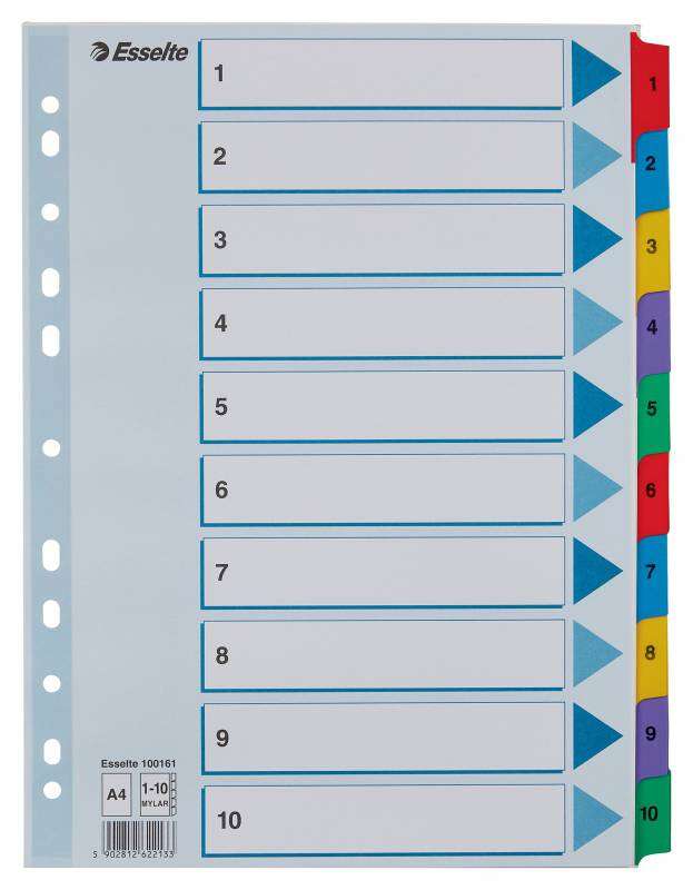 Esselte Indice de Carton con Pestañas Reforzadas - A4 - Numeradas 1-10 - Multicolor 1 pieza(s)