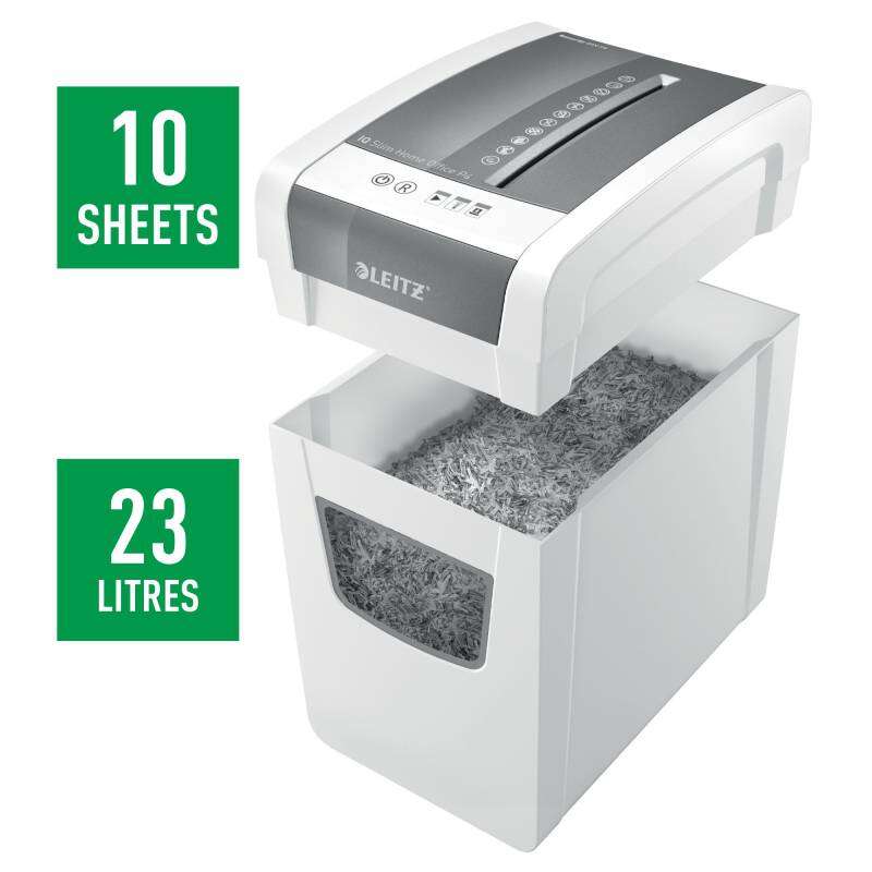 Leitz IQ Destructora de Papel Slim Home Office P4 - Silenciosa y Estilizada - 10 Hojas - Papelera 23L - Corte Confeti - Nivel de Seguridad Din P4 - Blanco 1 pieza(s)