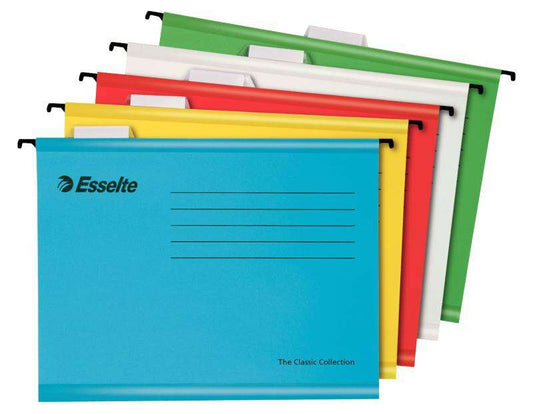 Esselte Classic A4 Carpeta Colgante Reforzada - Pack de 10 - 10 Veces Mas Resistente - Colores Brillantes - Visores de Plastico Transparente - Etiquetas Blancas - 100% Carton Kraft Reciclado - Surtidos 1 pieza(s)