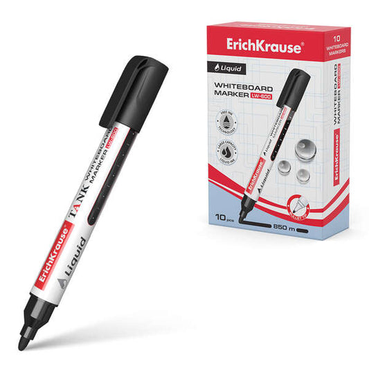 Erichkrause Marcador para Pizarra Blanca con Tinta Liquida Liquid Lw-600 - Tecnologia Free Ink - Punta en Forma de Bala - Tinta a Base de Alcohol - Color Negro 10 pieza(s)