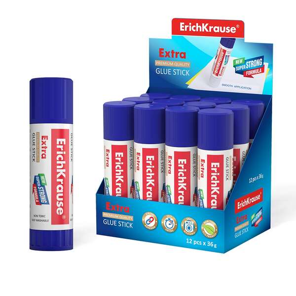 Erichkrause Pegamento en Barra Extra 36gr - Formula Super Fuerte - Consumo Economico - Adhesion Rapida y Fiable - Facil de Lavar con Agua - No Toxico - Color Blanco 12 pieza(s)