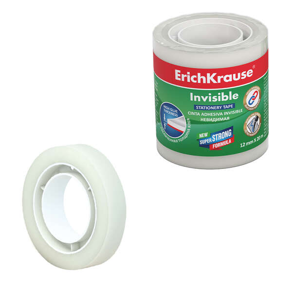 ErichKrause Cinta Adhesiva Invisible 12mmx20m - Superficie Mate - Apta para Escribir Encima - Transparente 4 pieza(s)