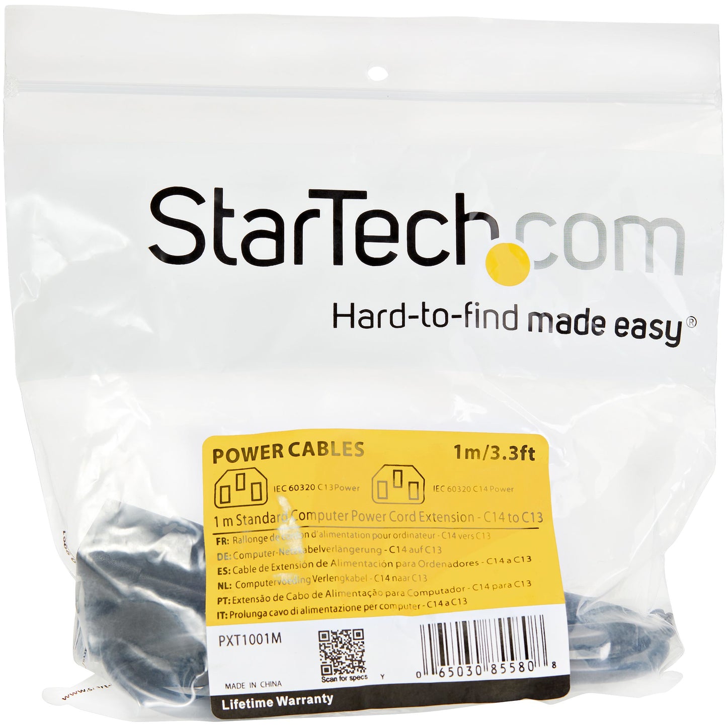 StarTech.com - Cable de 1m de Extensión de Alimentación  C14 a C13  10A 125V  18AWG  Alargador de Cable de Corriente de Ordenador  IEC-320-C14 a IEC-320-C13  para Fuente de Alimentación  UL