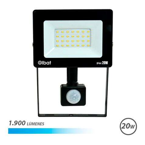 Elbat Foco LED con Sensor de Movimiento - Potencia: 20W - Lumenes: 1900 - Luz Fria 6.500K - Vida Util: 30.000 - 50.000 Horas - Angulo 120º - Proteccion IP44 - Distancia de Deteccion: 5 a 12 Metros 1 pieza(s)