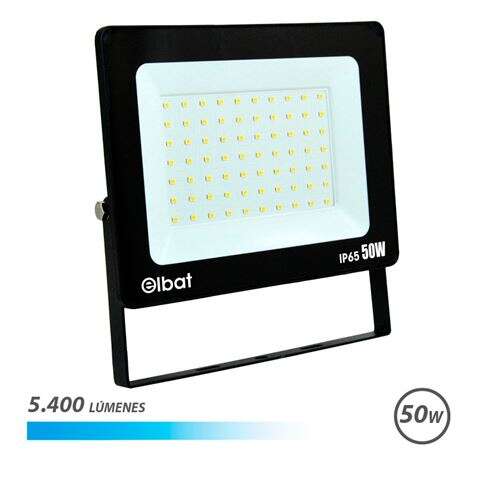 Elbat Foco LED de 50W - Potencia: 50W - Lumenes: 5400 - 6.500K Luz Fria - 30.000 - 50.000 Horas de Vida - Angulo 120º - Proteccion: IP65 para Usar en Exterior - Color Negro 1 pieza(s)