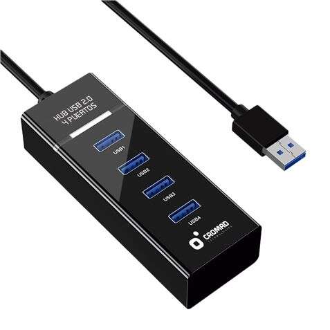 Cromad Cable USB 2.0 - Longitud 30cm - Indicador LED - Velocidad de Transferencia 480 Mbps - 4 Puertos - Sin Instalacion - Compatible con Todos los Sistemas Operativos - Color Negro 1 pieza(s)