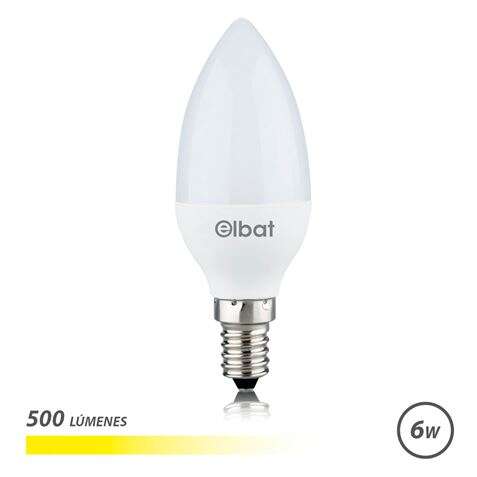 Elbat Bombilla LED - Potencia 6W - Lumenes 500 - Tipo de Luz 3000K Luz Calida - Casquillo E14 - Angulo 180º - Dimensiones 37X100mm - 30.000 Horas de Vida - 15.000 Encendidos - Color Blanco 1 pieza(s)