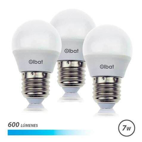 Elbat Pack 3 Bombillas - Potencia 7W - Lumenes 600 - Tipo de Luz 6500K Luz Fria - Casquillo E27 - Angulo 220º - Dimensiones 45X78mm - 30.000 Horas de Vida - 15.000 Encendidos 1 pieza(s)