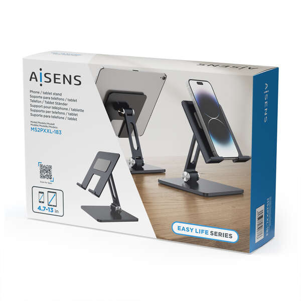 AISENS - Soporte de Sobremesa Tamaño XXL Ajustable (2 Pivotes) para Movil / Tablet  Gris