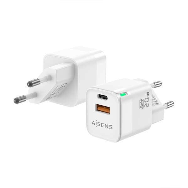 AISENS - Cargador Gan 20W  1xUSB-C PD3.0 QC4.0  1xUSB-A QC3.0  Blanco