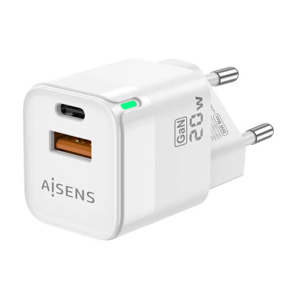 AISENS - Cargador Gan 20W  1xUSB-C PD3.0 QC4.0  1xUSB-A QC3.0  Blanco