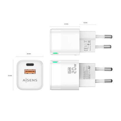 AISENS - Cargador Gan 20W  1xUSB-C PD3.0 QC4.0  1xUSB-A QC3.0  Blanco