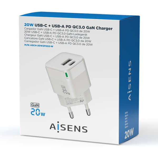 AISENS - Cargador Gan 20W  1xUSB-C PD3.0 QC4.0  1xUSB-A QC3.0  Blanco