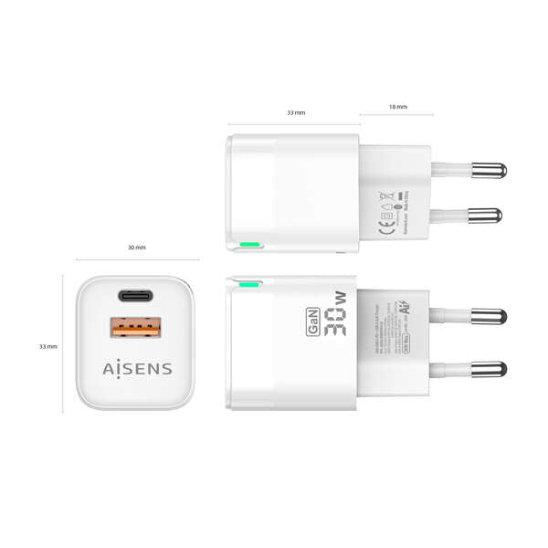 AISENS - Cargador Gan 30W  1xUSB-C PD3.0 QC4.0  1xUSB-A QC3.0  Blanco