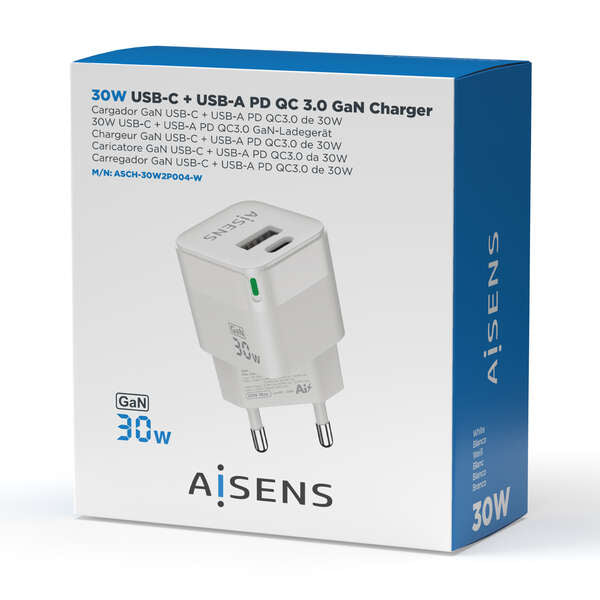 AISENS - Cargador Gan 30W  1xUSB-C PD3.0 QC4.0  1xUSB-A QC3.0  Blanco