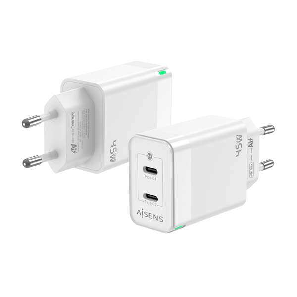 AISENS - Cargador Gan 45W  2xUSB-C PD3.0 QC4.0  Blanco