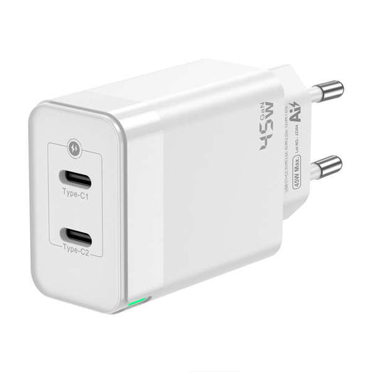 AISENS - Cargador Gan 45W  2xUSB-C PD3.0 QC4.0  Blanco